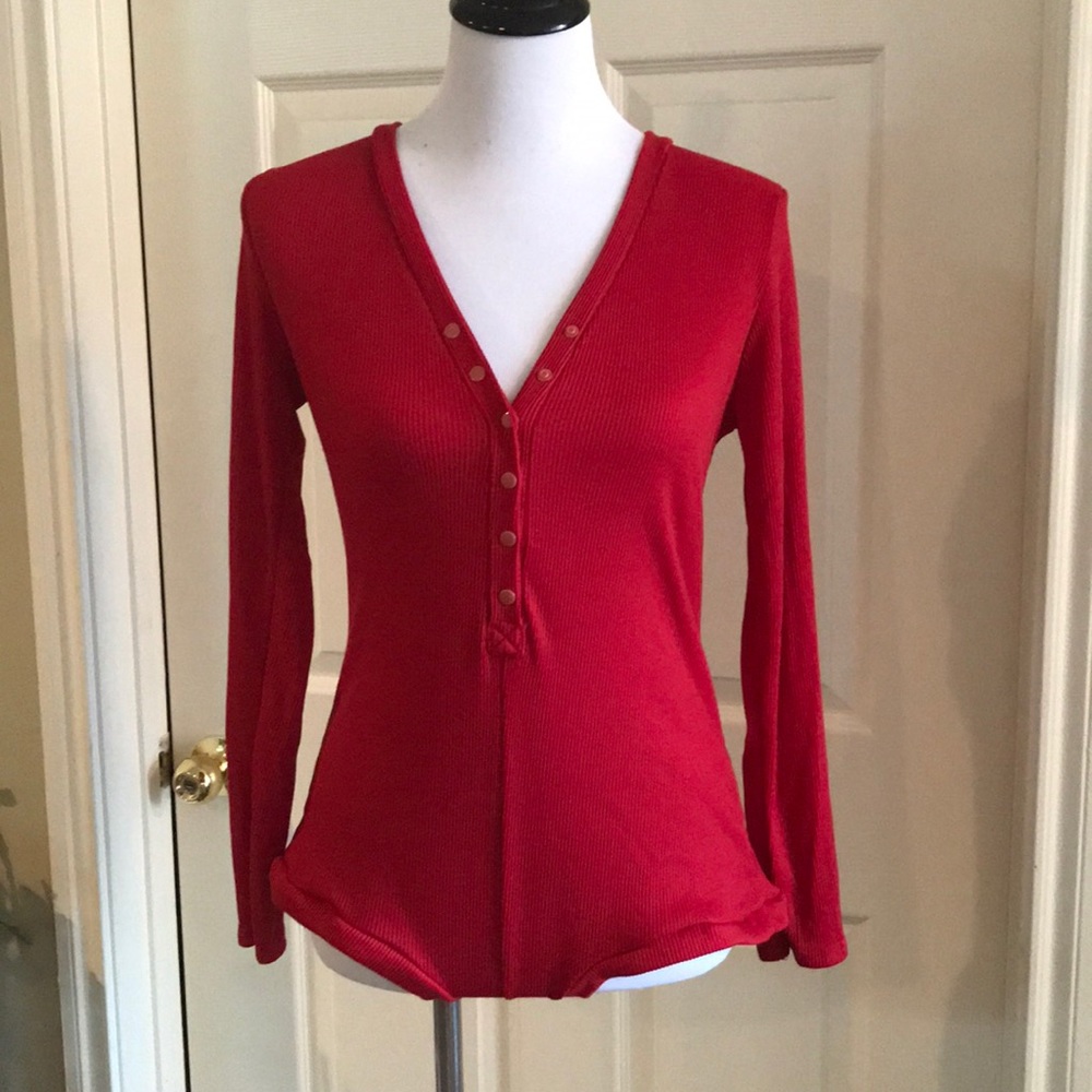 Red Henley material body suit